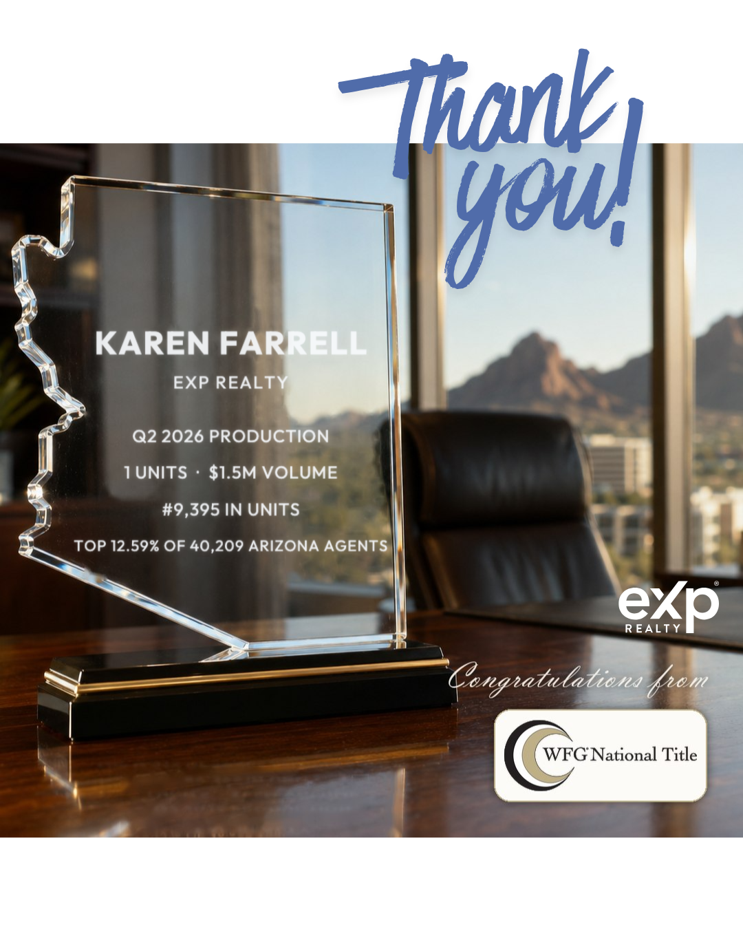 eXp Realty award recognizing Karen Farrell for Q2 2026 production, top 12.59% of 40,209 Arizona agents