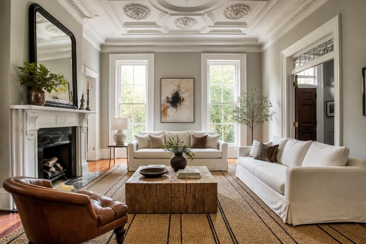 A bright, elegant living room in a longtime family home with a marble fireplace and tall windows